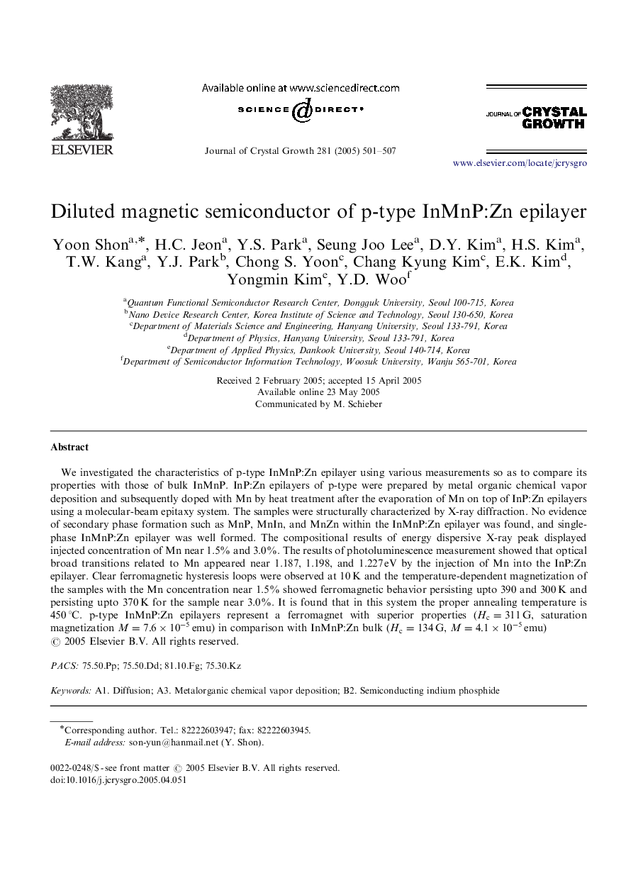 Diluted magnetic semiconductor of p-type InMnP:Zn epilayer