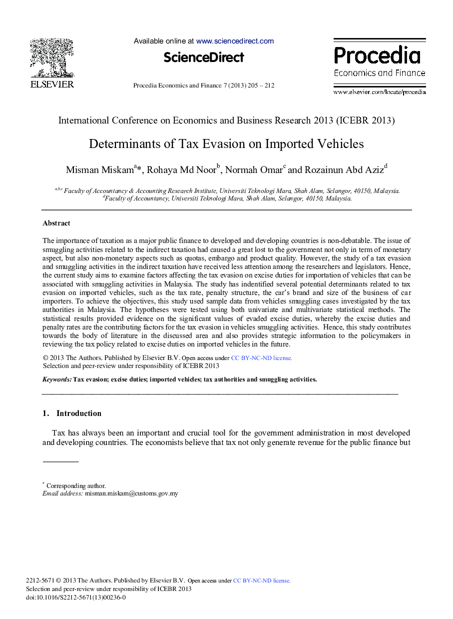 عکس صفحه اول مقاله: Determinants of Tax Evasion on Imported Vehicles Determinants of Tax Evasion on Imported Vehicles
