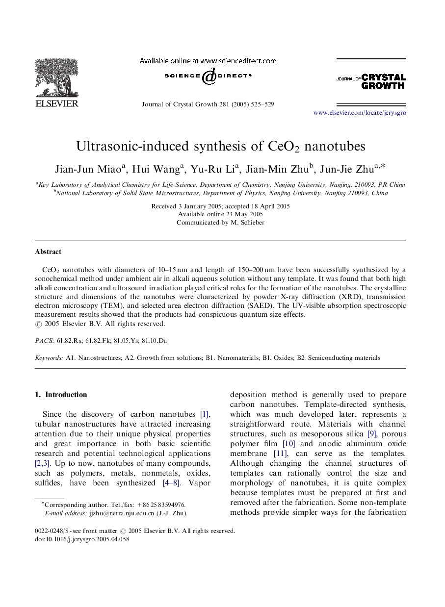 Ultrasonic-induced synthesis of CeO2 nanotubes