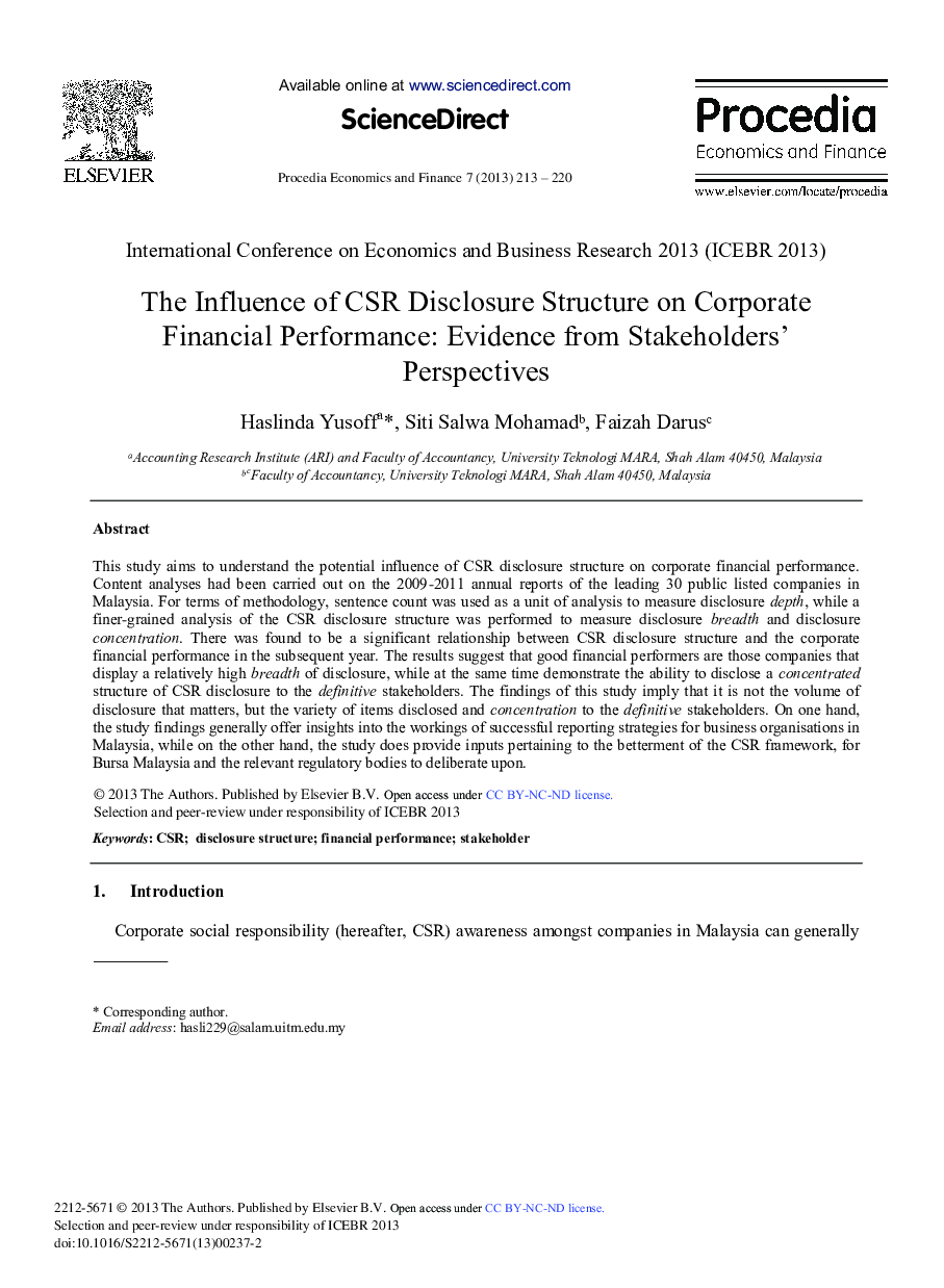 The Influence of CSR Disclosure Structure on Corporate Financial Performance: Evidence from Stakeholders’ Perspectives 