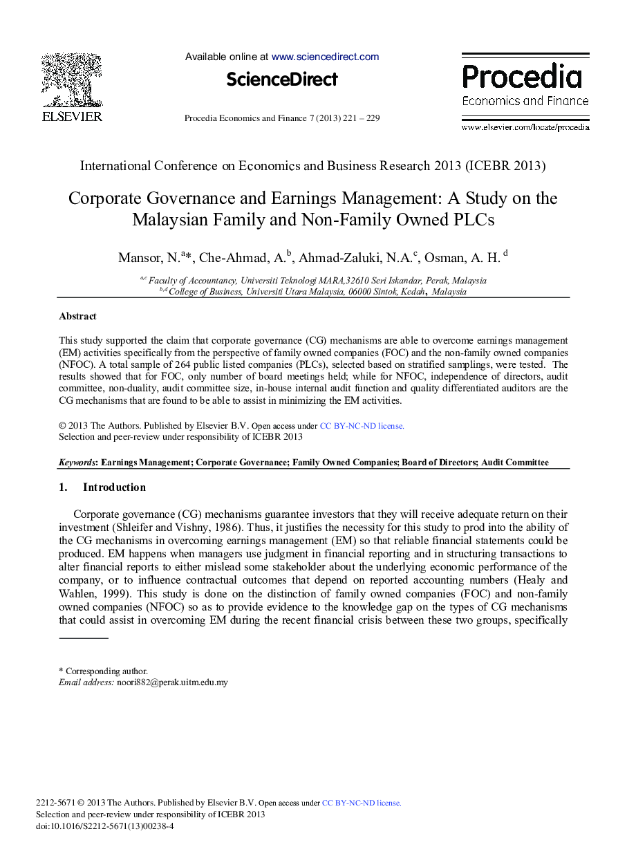 Corporate Governance and Earnings Management: A Study on the Malaysian Family and Non-family Owned PLCs 