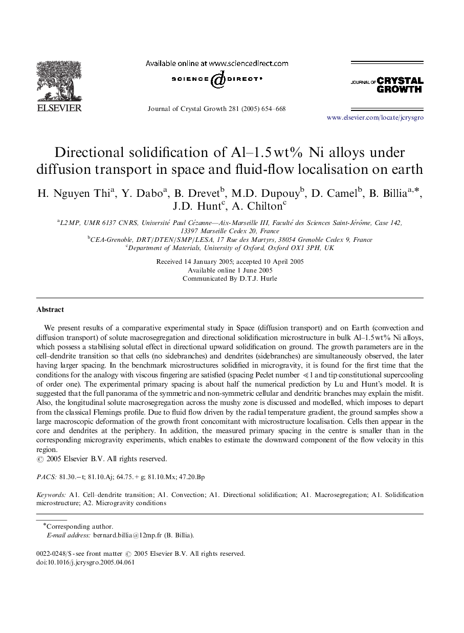 Directional solidification of Al-1.5Â wt% Ni alloys under diffusion transport in space and fluid-flow localisation on earth