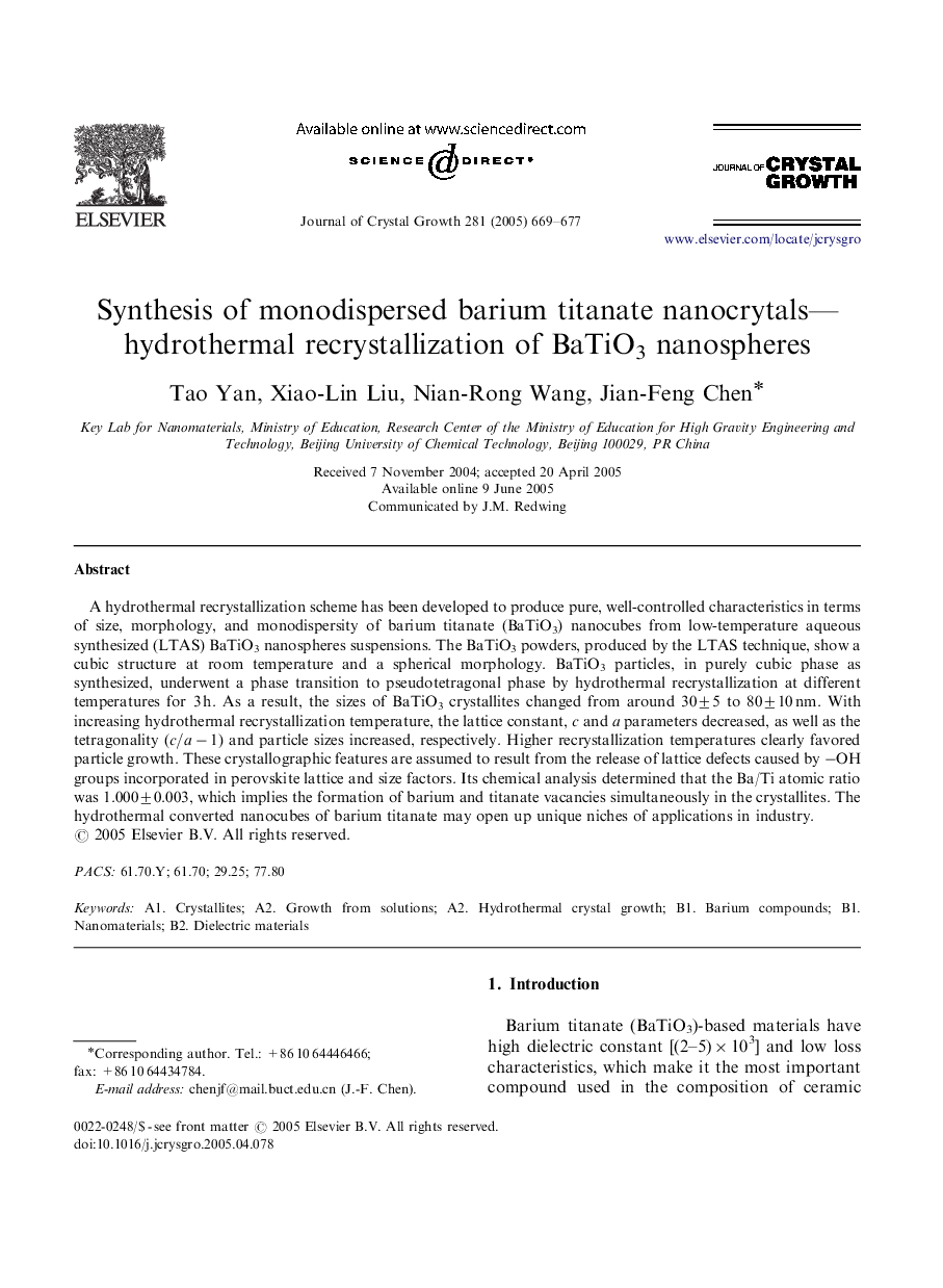 Synthesis of monodispersed barium titanate nanocrytals-hydrothermal recrystallization of BaTiO3 nanospheres