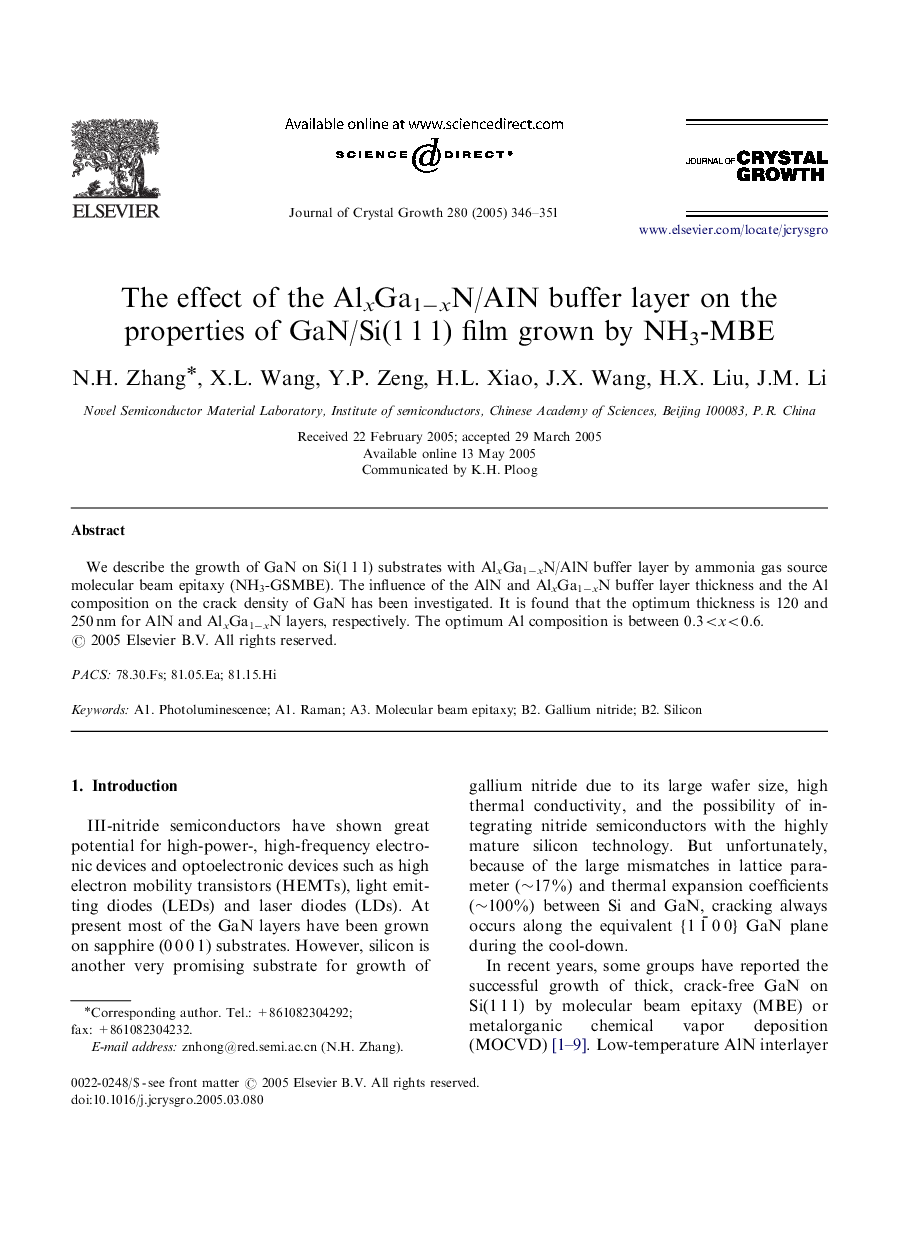 The effect of the AlxGa1âxN/AIN buffer layer on the properties of GaN/Si(1Â 1Â 1) film grown by NH3-MBE