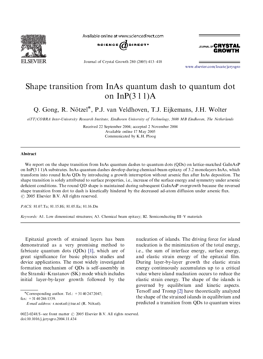 Shape transition from InAs quantum dash to quantum dot on InP(3Â 1Â 1)A