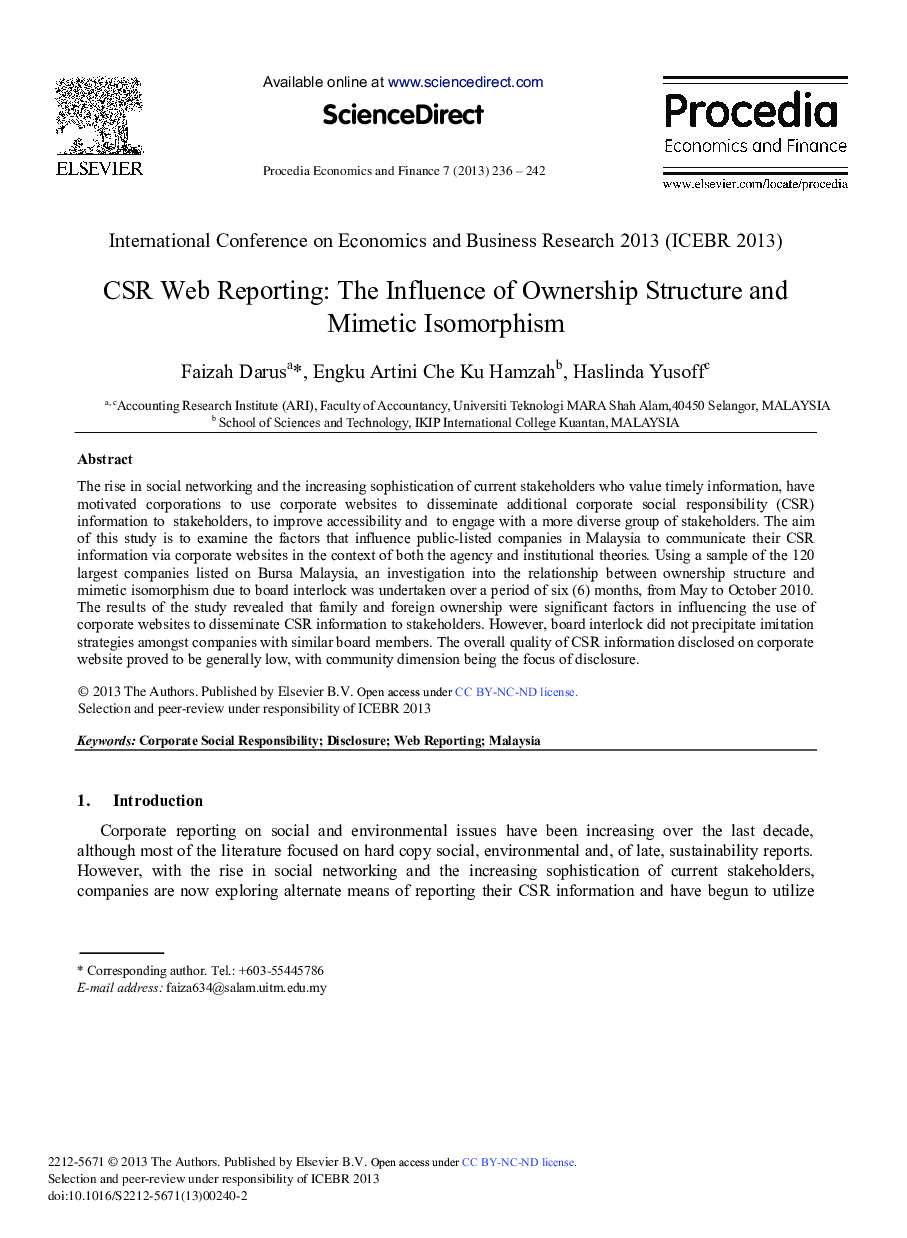 CSR Web Reporting: The Influence of Ownership Structure and Mimetic Isomorphism 