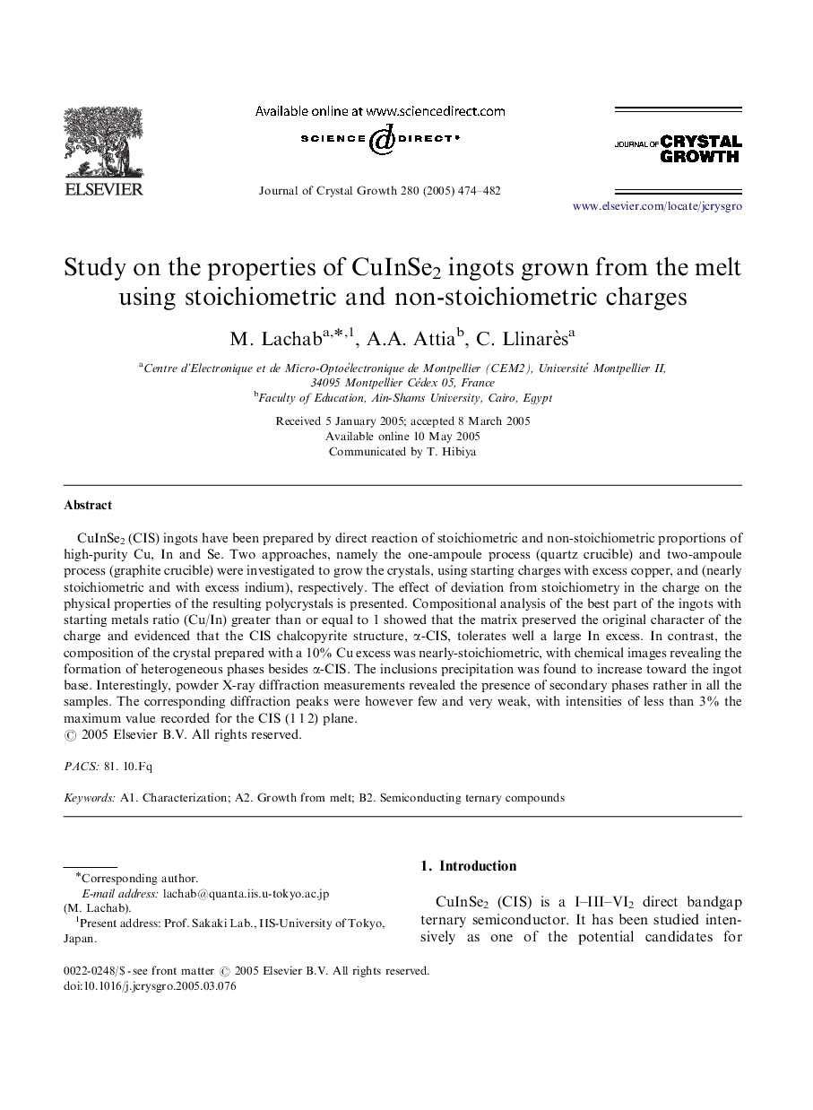 Study on the properties of CuInSe2 ingots grown from the melt using stoichiometric and non-stoichiometric charges