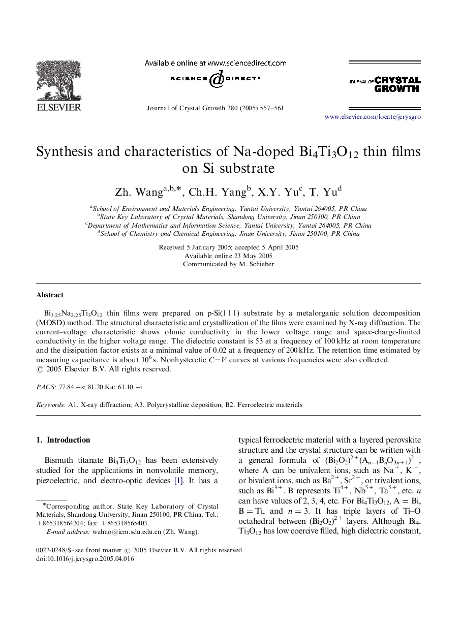 Synthesis and characteristics of Na-doped Bi4Ti3O12 thin films on Si substrate