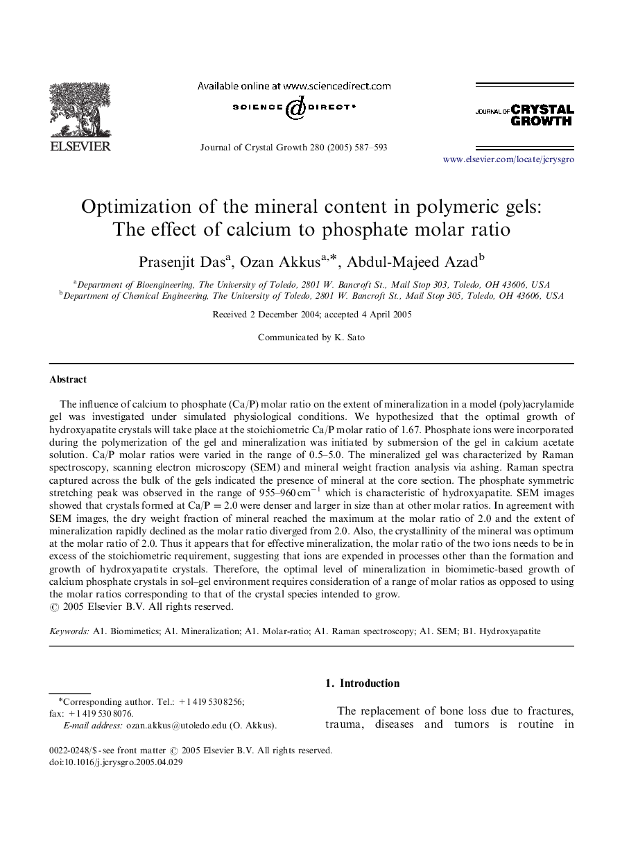 Optimization of the mineral content in polymeric gels: The effect of calcium to phosphate molar ratio