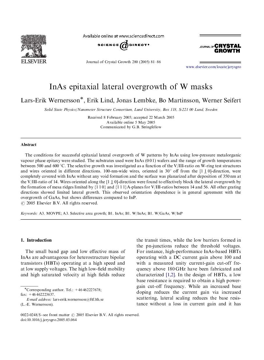 InAs epitaxial lateral overgrowth of W masks