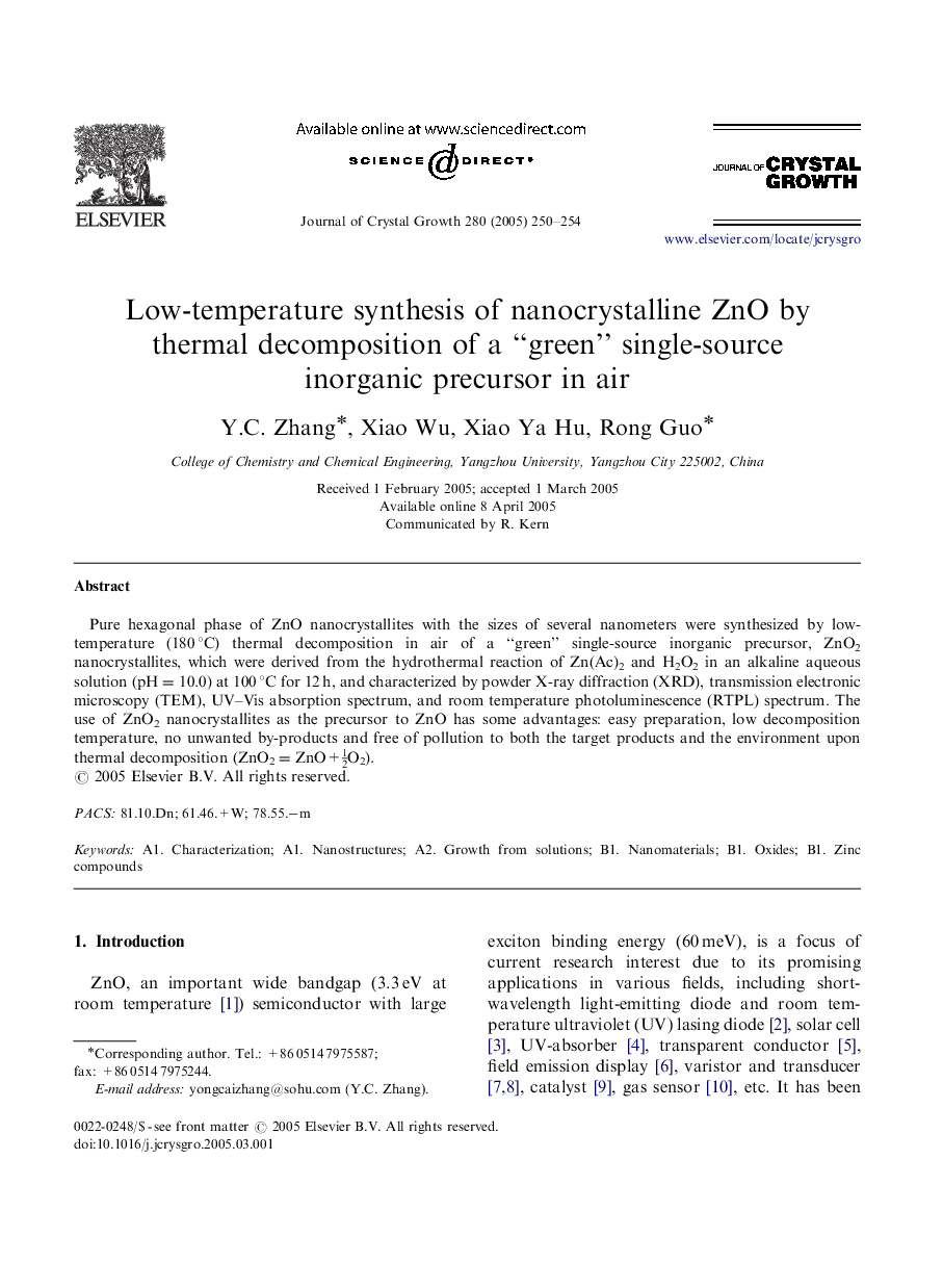 Low-temperature synthesis of nanocrystalline ZnO by thermal decomposition of a “green” single-source inorganic precursor in air