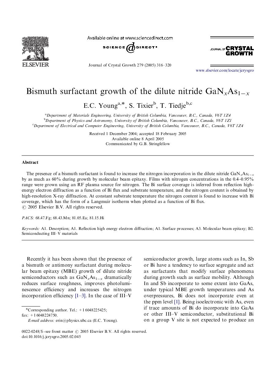 Bismuth surfactant growth of the dilute nitride GaNxAs1âx