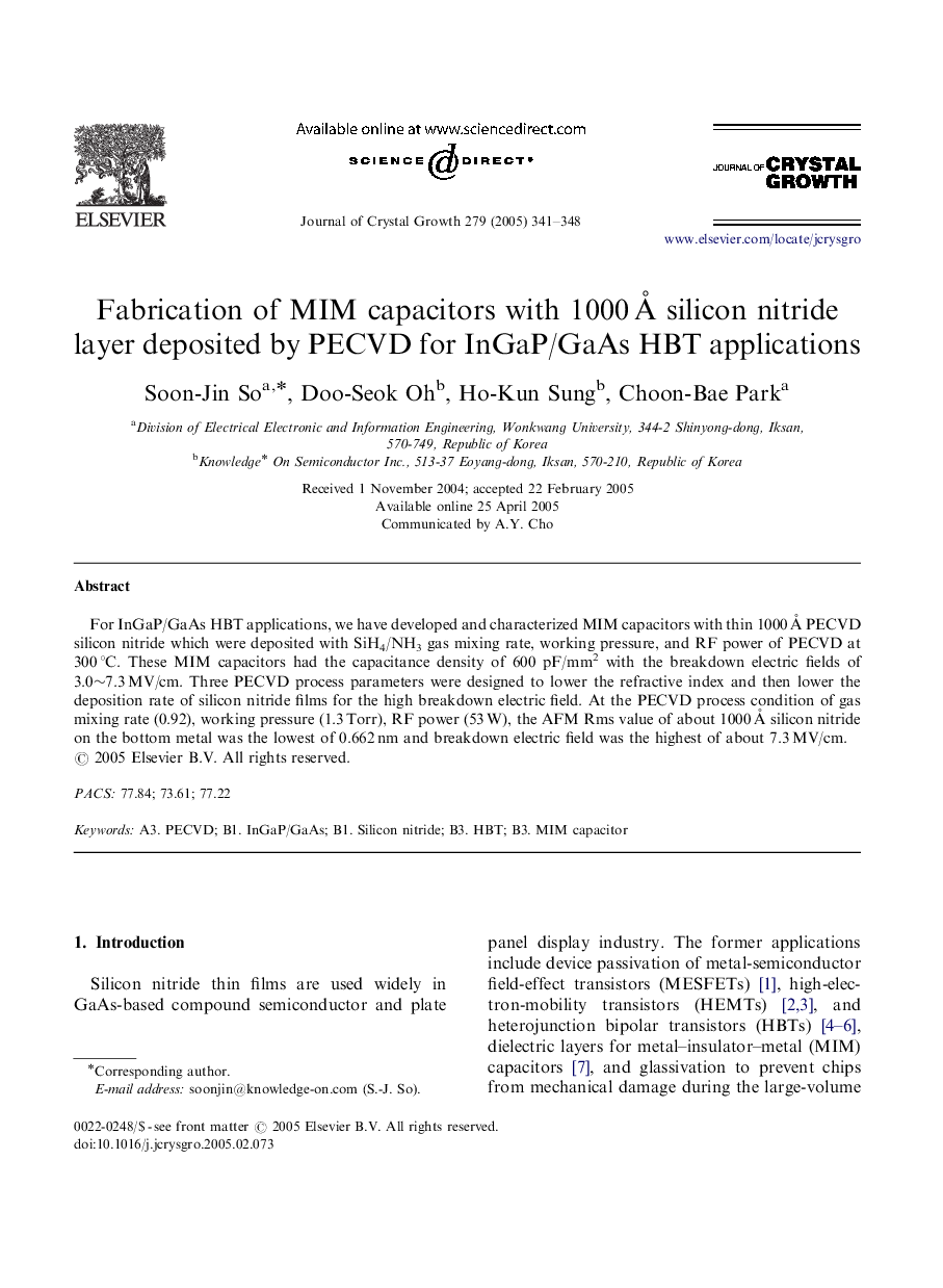 Fabrication of MIM capacitors with 1000Â Ã silicon nitride layer deposited by PECVD for InGaP/GaAs HBT applications