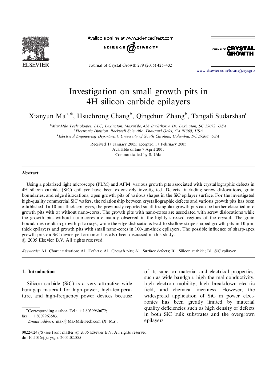 Investigation on small growth pits in 4H silicon carbide epilayers