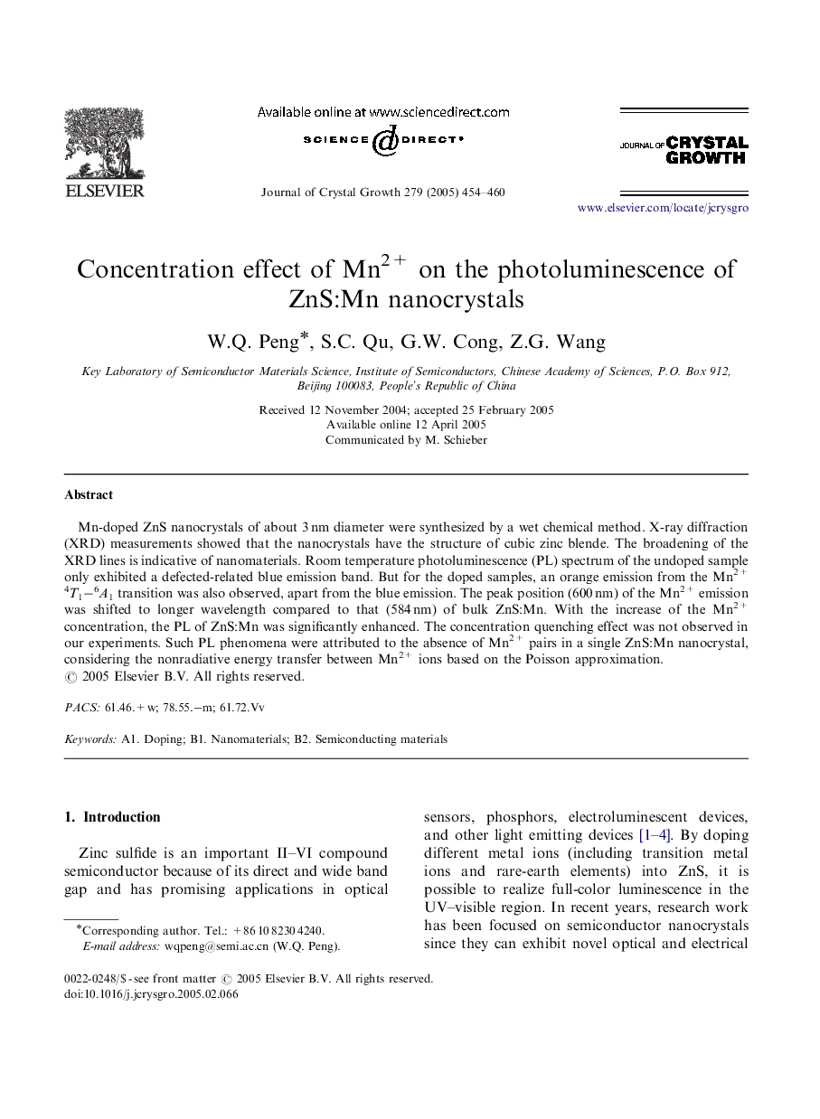 Concentration effect of Mn2+ on the photoluminescence of ZnS:Mn nanocrystals