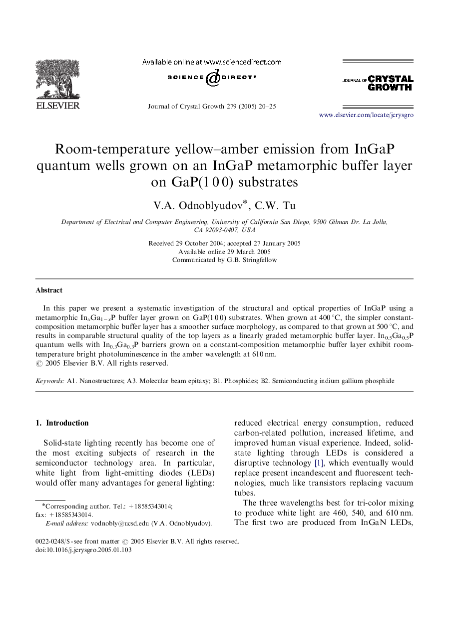 Room-temperature yellow-amber emission from InGaP quantum wells grown on an InGaP metamorphic buffer layer on GaP(1Â 0Â 0) substrates