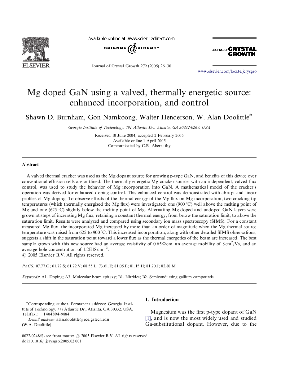 Mg doped GaN using a valved, thermally energetic source: enhanced incorporation, and control