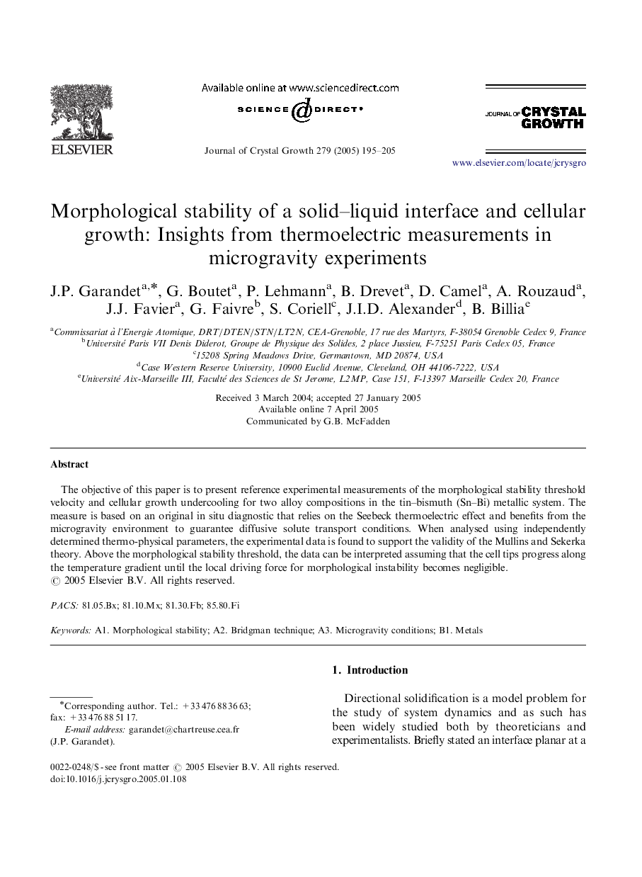 Morphological stability of a solid-liquid interface and cellular growth: Insights from thermoelectric measurements in microgravity experiments