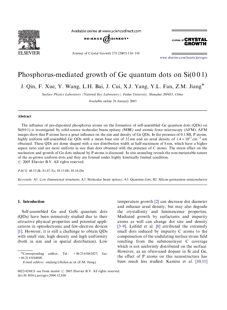 Phosphorus-mediated growth of Ge quantum dots on Si(0Â 0Â 1)