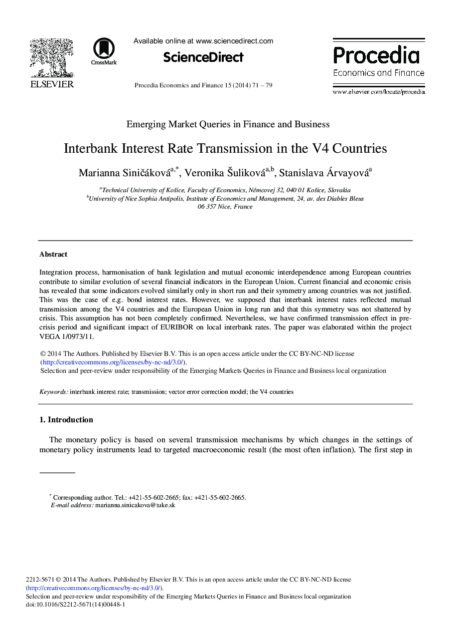 Interbank Interest Rate Transmission in the V4 Countries 