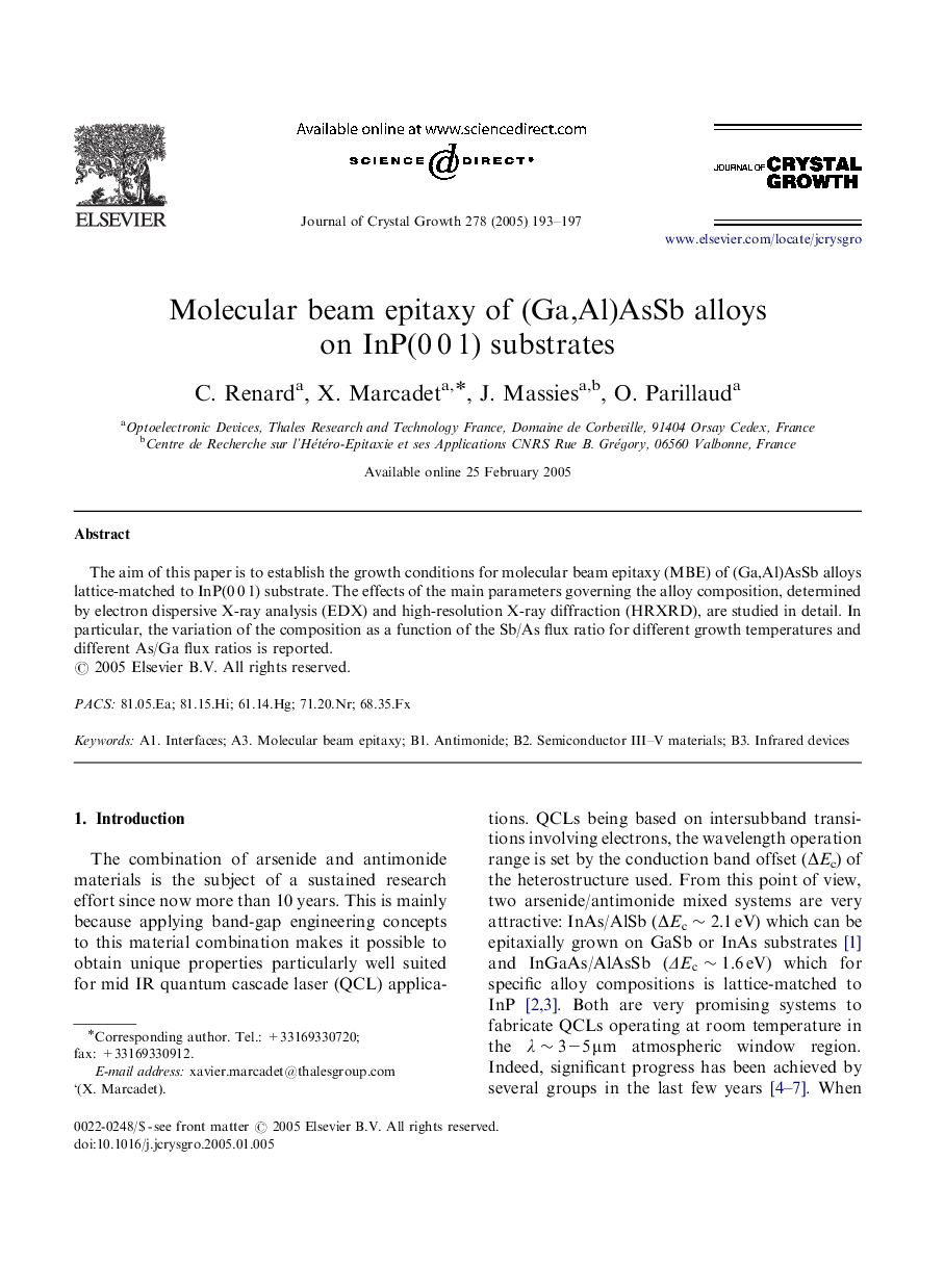 Molecular beam epitaxy of (Ga,Al)AsSb alloys on InP(0Â 0Â 1) substrates