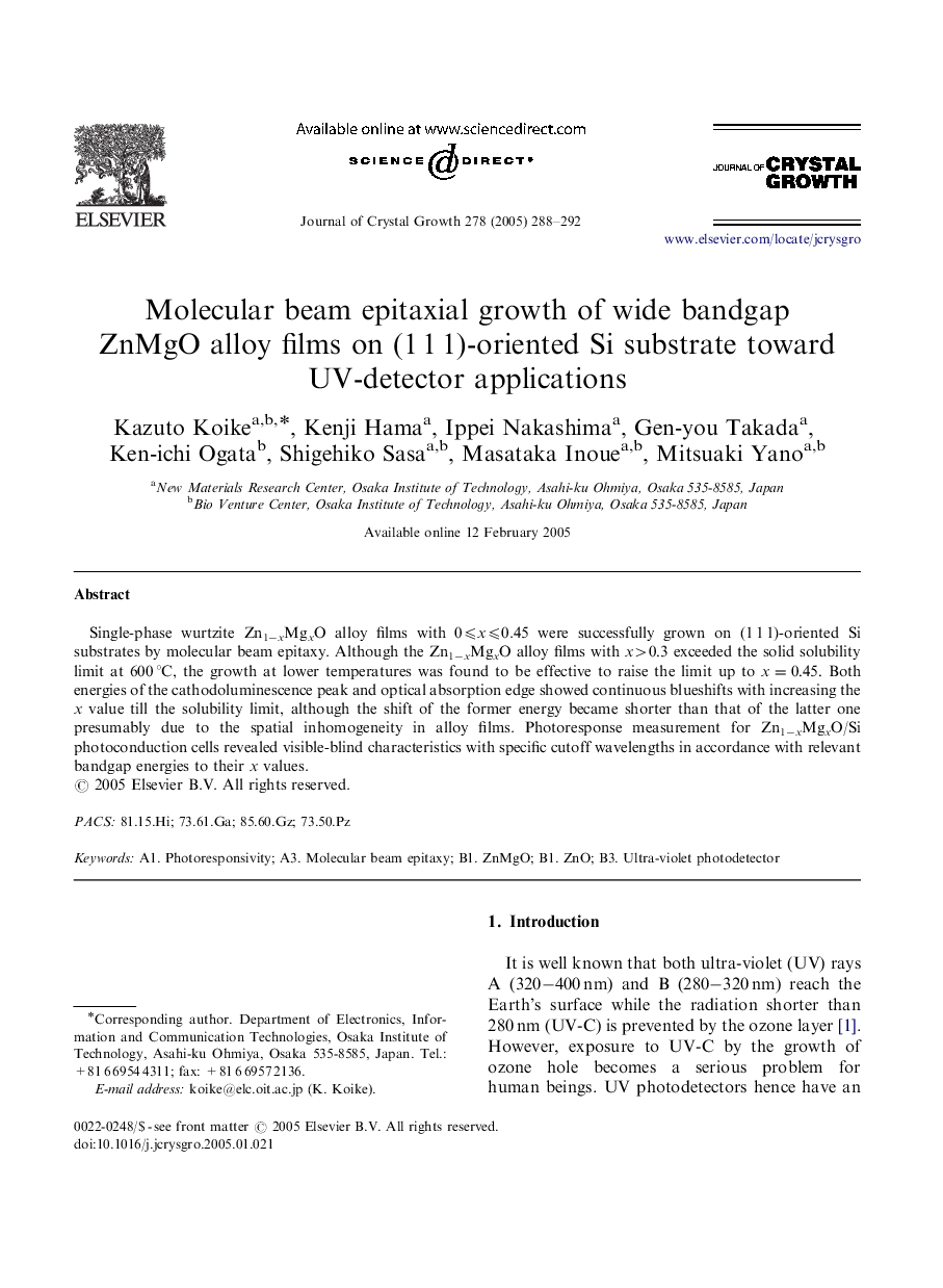 Molecular beam epitaxial growth of wide bandgap ZnMgO alloy films on (1Â 1Â 1)-oriented Si substrate toward UV-detector applications