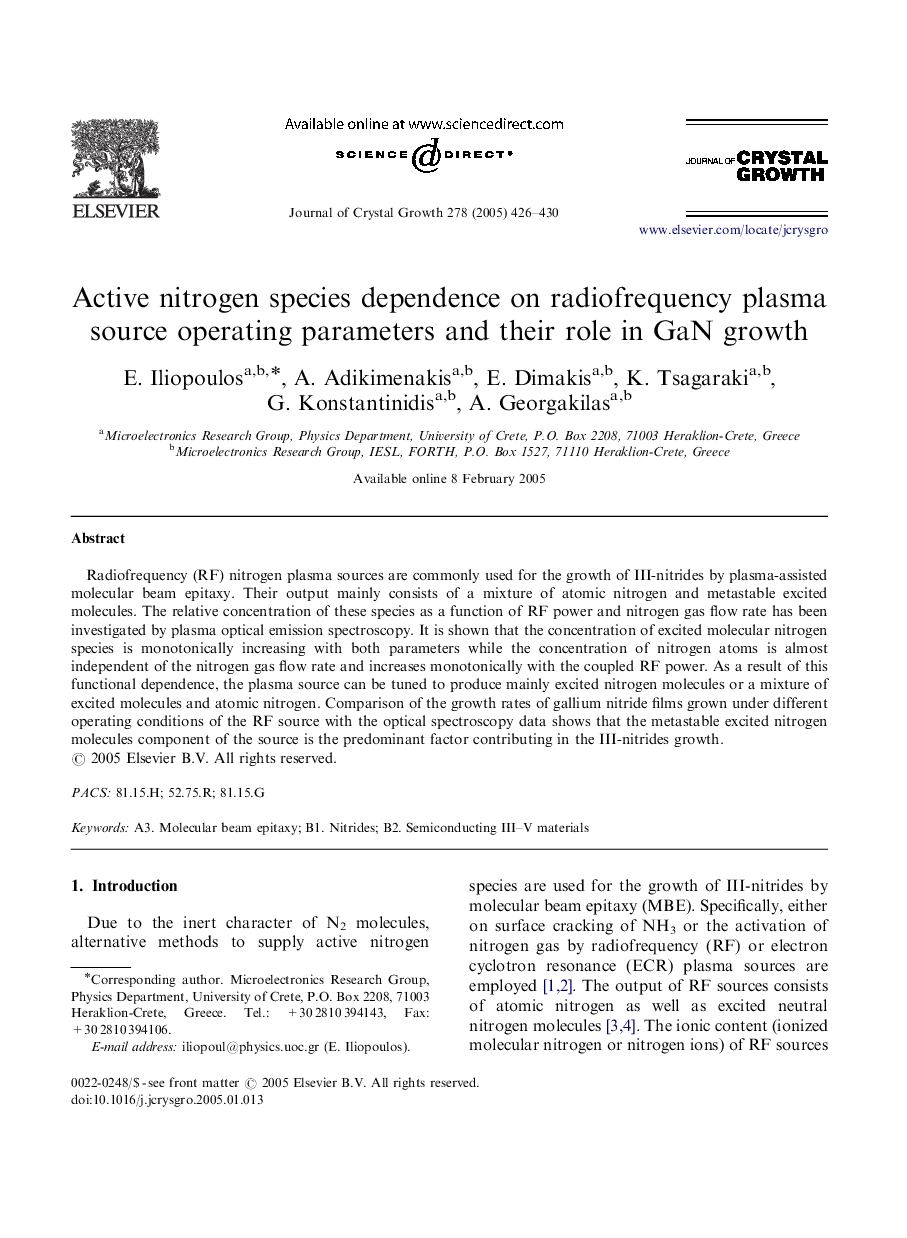 Active nitrogen species dependence on radiofrequency plasma source operating parameters and their role in GaN growth