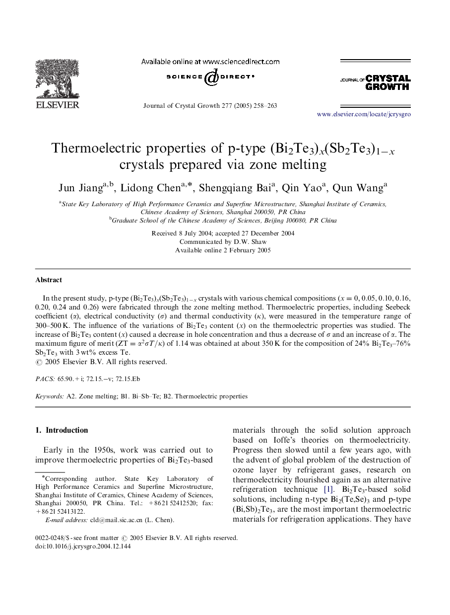 Thermoelectric properties of p-type (Bi2Te3)x(Sb2Te3)1âx crystals prepared via zone melting