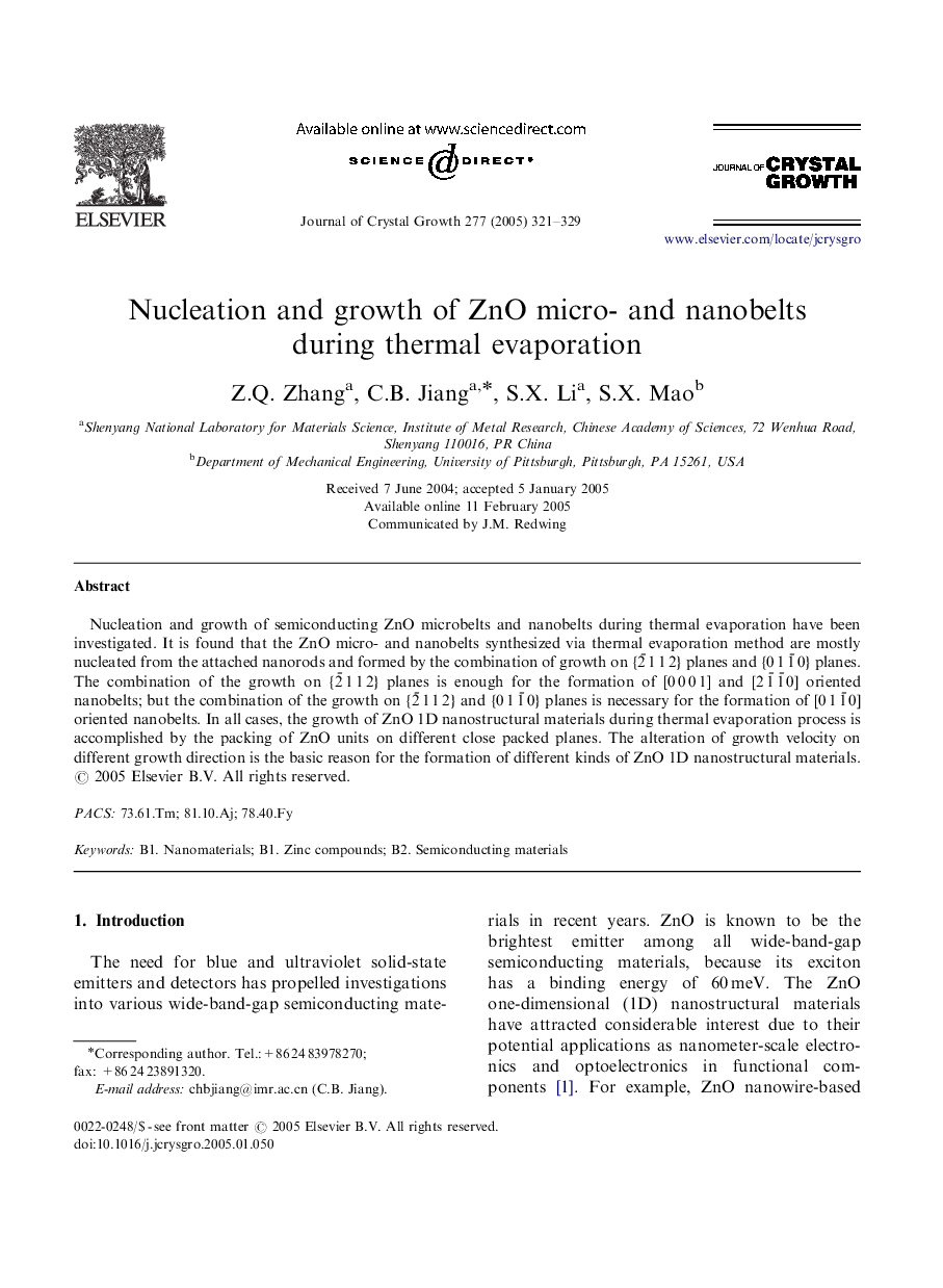 Nucleation and growth of ZnO micro- and nanobelts during thermal evaporation