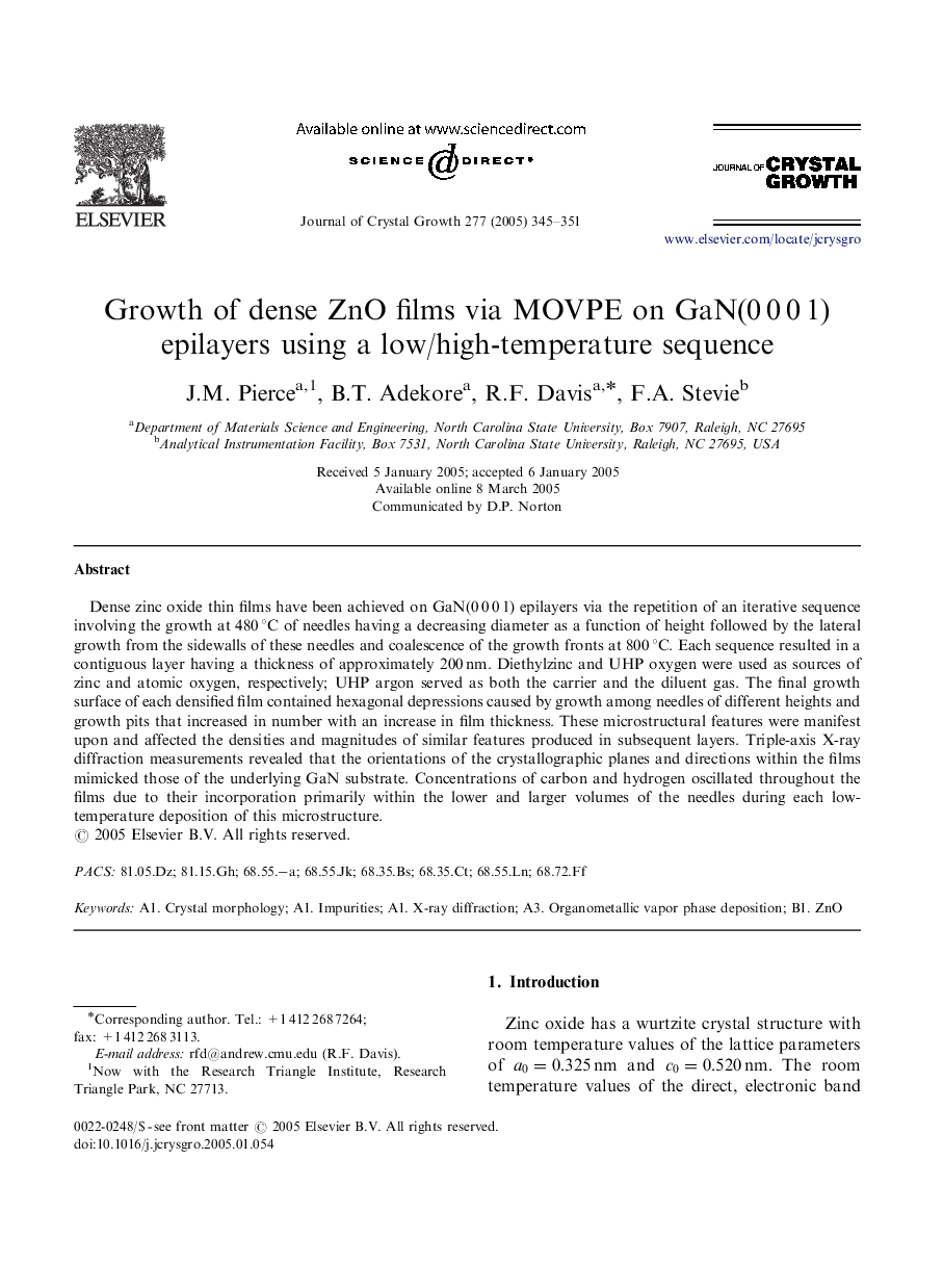 Growth of dense ZnO films via MOVPE on GaN(0Â 0Â 0Â 1) epilayers using a low/high-temperature sequence