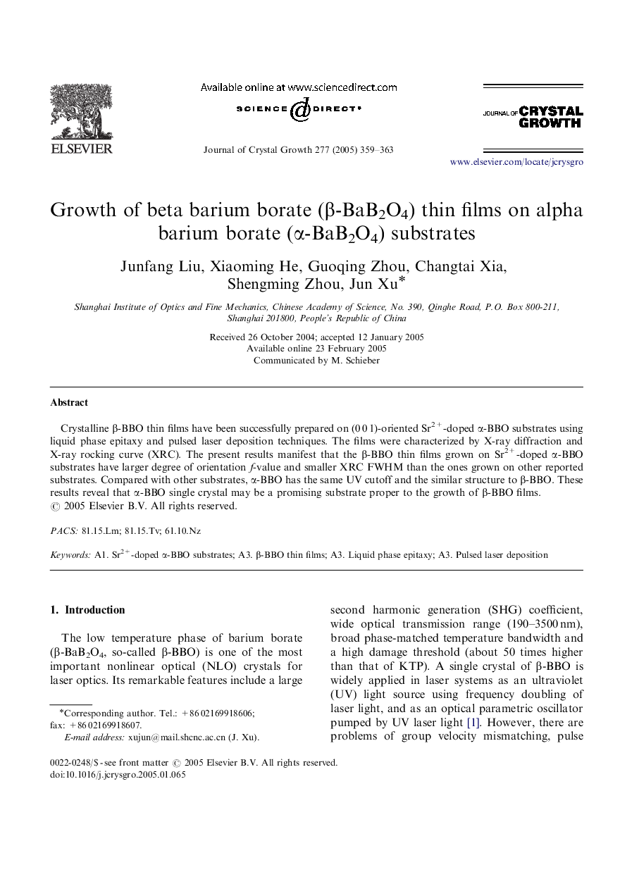 Growth of beta barium borate (Î²-BaB2O4) thin films on alpha barium borate (Î±-BaB2O4) substrates