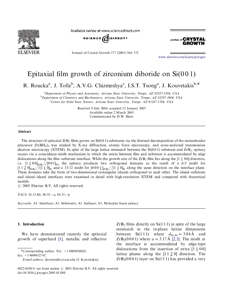 Epitaxial film growth of zirconium diboride on Si(0Â 0Â 1)