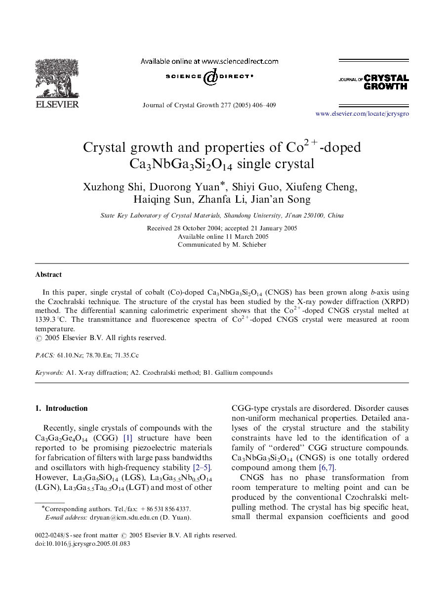 Crystal growth and properties of Co2+-doped Ca3NbGa3Si2O14 single crystal