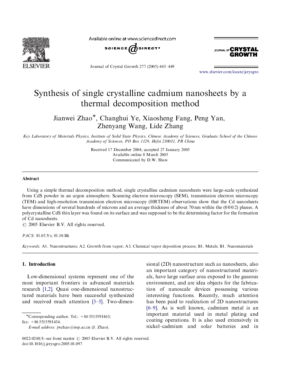 Synthesis of single crystalline cadmium nanosheets by a thermal decomposition method