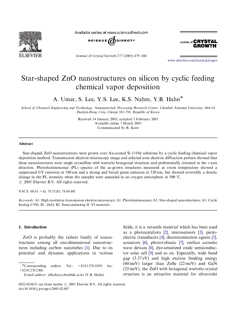 Star-shaped ZnO nanostructures on silicon by cyclic feeding chemical vapor deposition