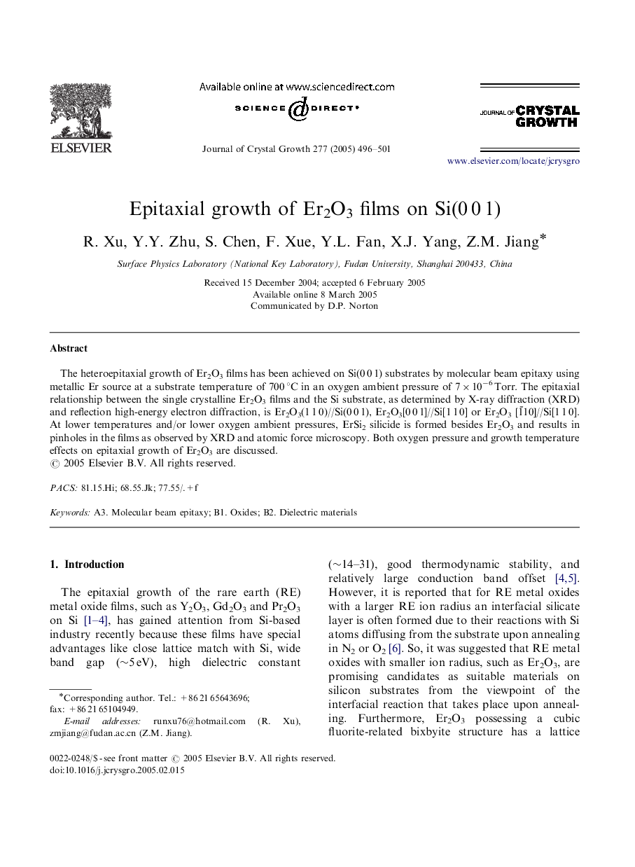 Epitaxial growth of Er2O3 films on Si(0Â 0Â 1)