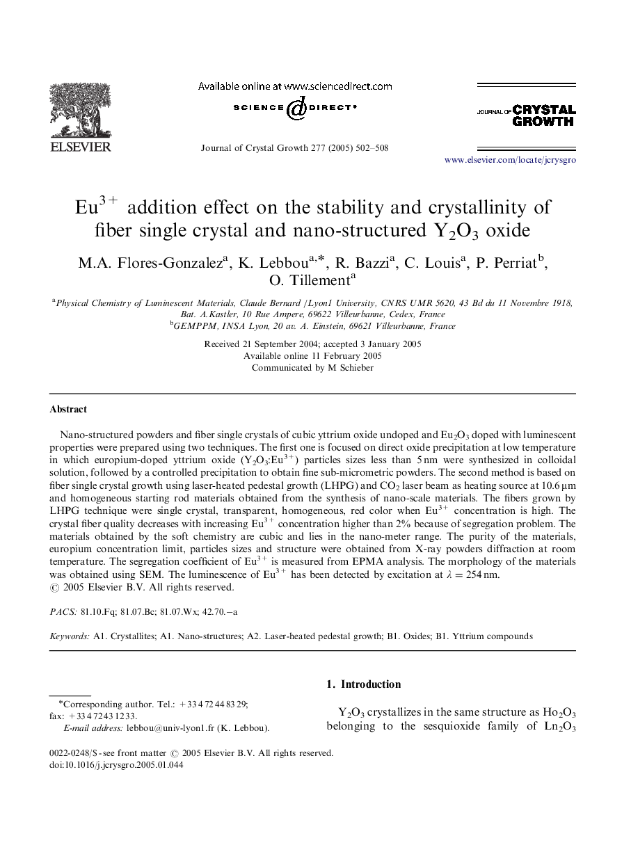 Eu3+ addition effect on the stability and crystallinity of fiber single crystal and nano-structured Y2O3 oxide