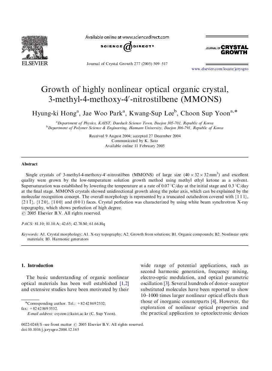Growth of highly nonlinear optical organic crystal, 3-methyl-4-methoxy-4â²-nitrostilbene (MMONS)