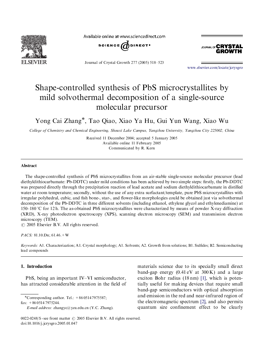 Shape-controlled synthesis of PbS microcrystallites by mild solvothermal decomposition of a single-source molecular precursor