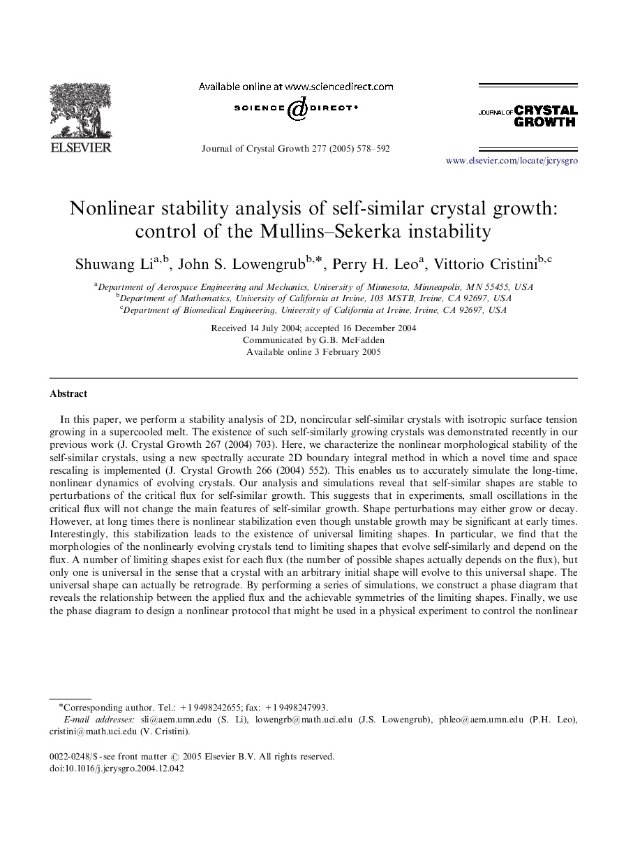 Nonlinear stability analysis of self-similar crystal growth: control of the Mullins-Sekerka instability