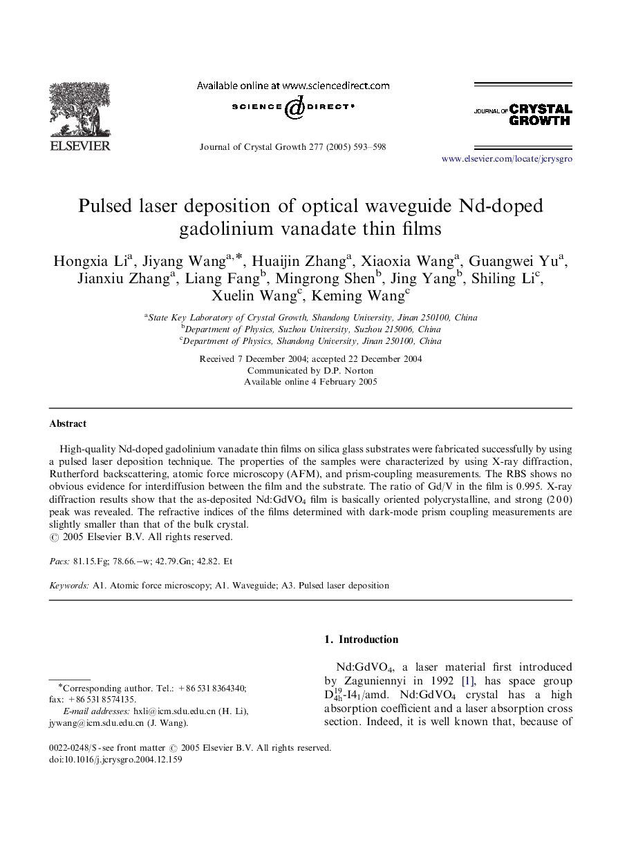 Pulsed laser deposition of optical waveguide Nd-doped gadolinium vanadate thin films