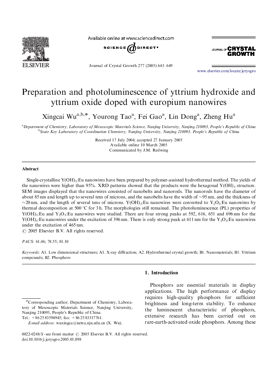 Preparation and photoluminescence of yttrium hydroxide and yttrium oxide doped with europium nanowires