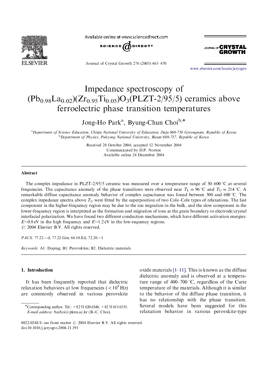 Impedance spectroscopy of (Pb0.98La0.02)(Zr0.95Ti0.05)O3(PLZT-2/95/5) ceramics above ferroelectric phase transition temperatures