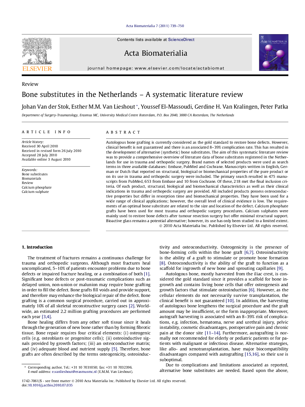 Bone substitutes in the Netherlands – A systematic literature review