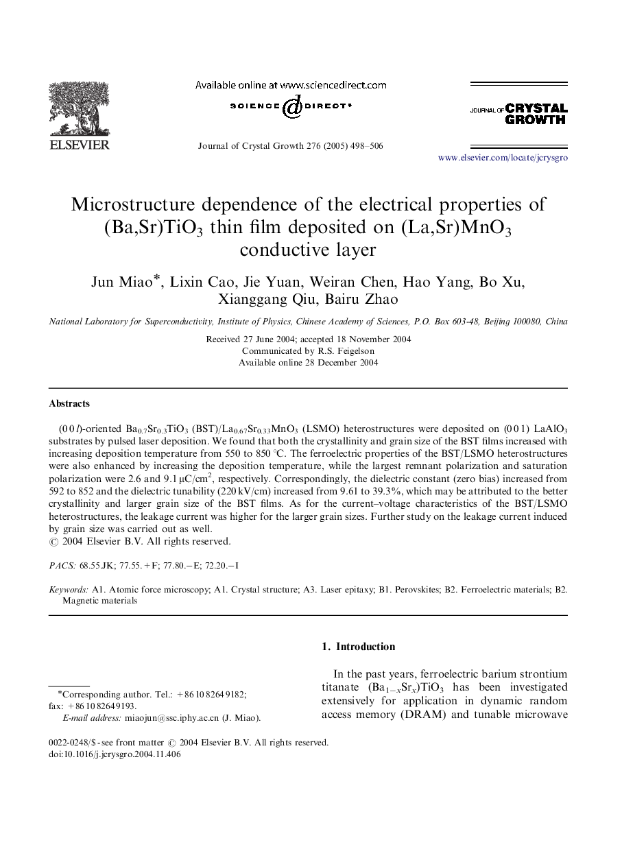 Microstructure dependence of the electrical properties of (Ba,Sr)TiO3 thin film deposited on (La,Sr)MnO3 conductive layer