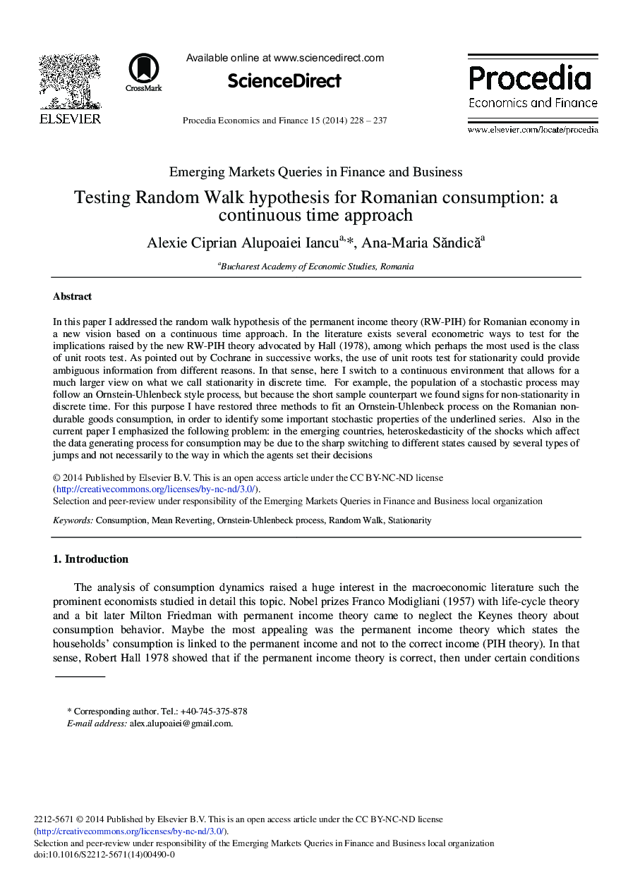 Testing Random Walk Hypothesis for Romanian Consumption: A Continuous Time Approach 