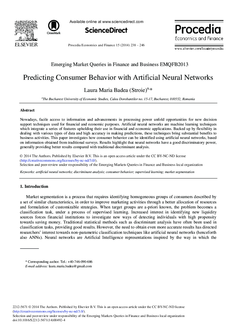 Predicting Consumer Behavior with Artificial Neural Networks 