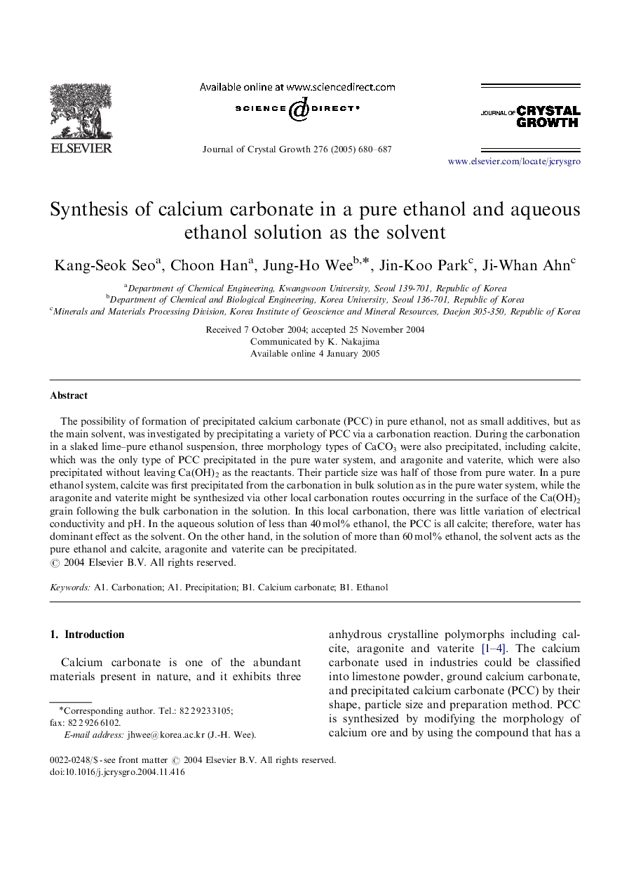 Synthesis of calcium carbonate in a pure ethanol and aqueous ethanol solution as the solvent