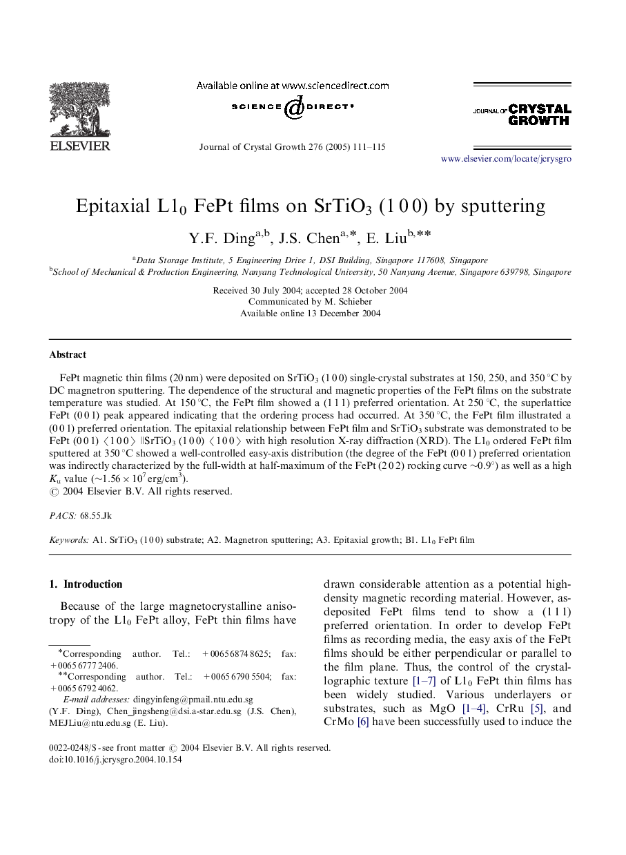 Epitaxial L10 FePt films on SrTiO3 (1Â 0Â 0) by sputtering