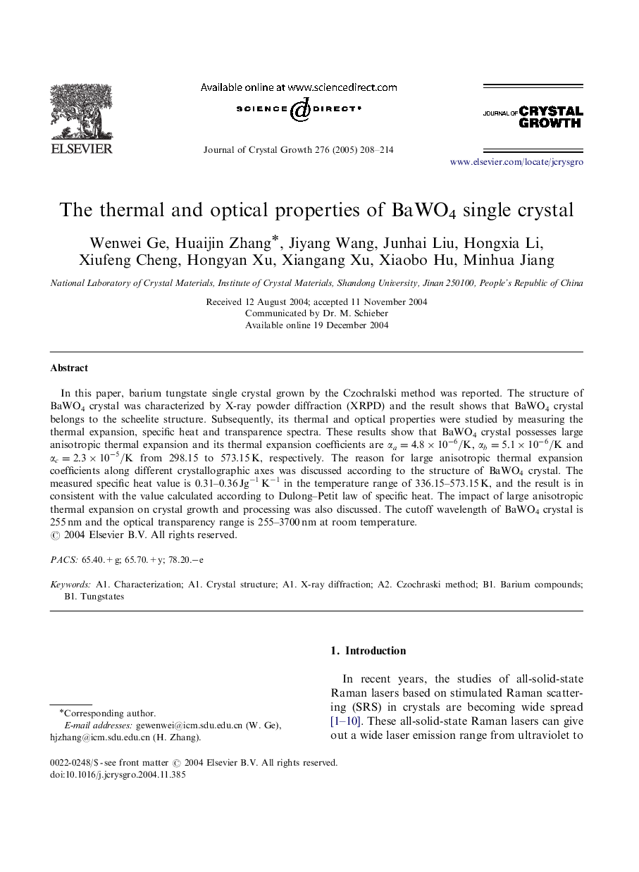 The thermal and optical properties of BaWO4 single crystal